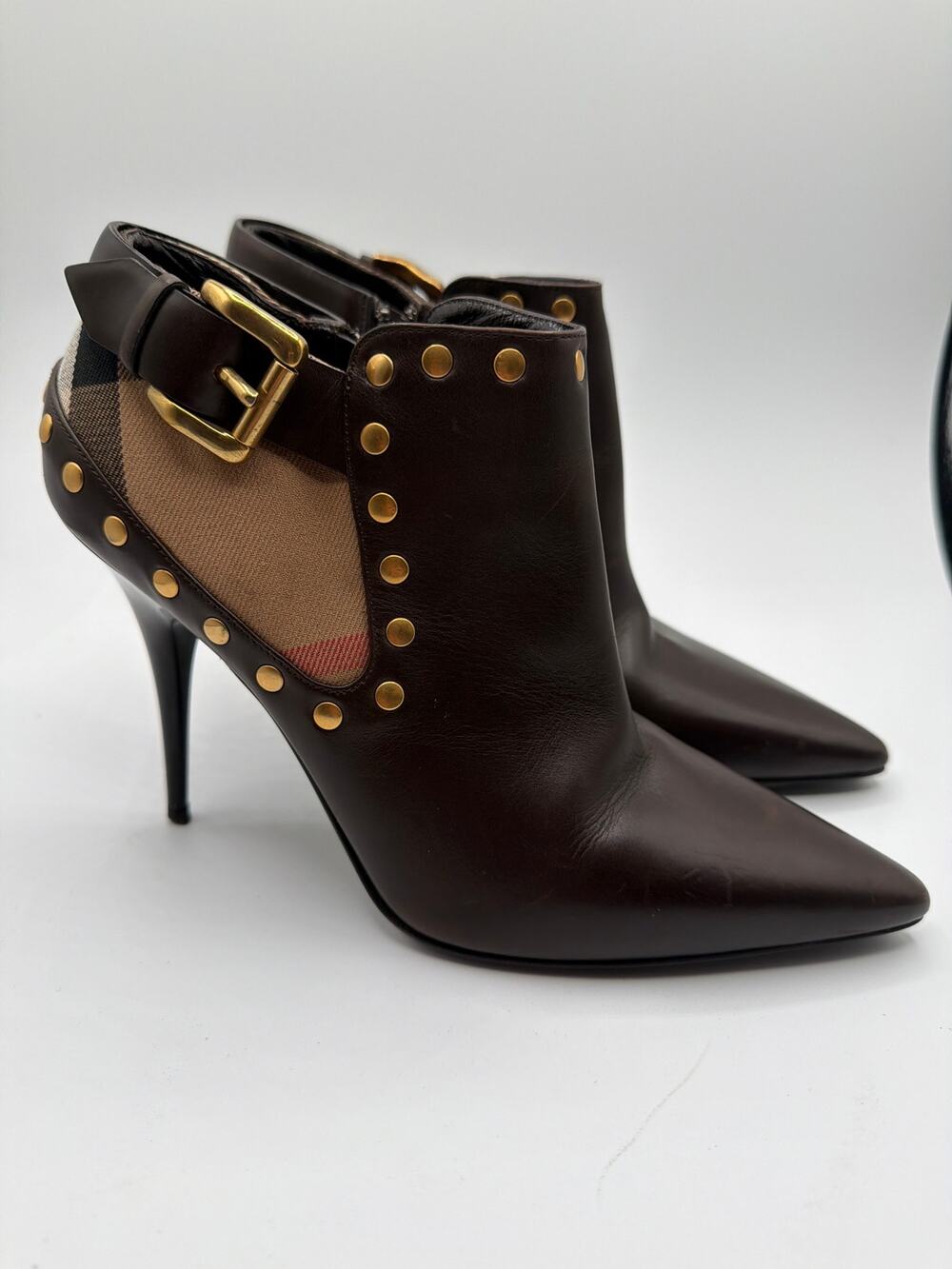 ⭐️ Women  Burberry Brown Pointed Toe Stilleto Nova Check Booties Size 38.5 (7.5)